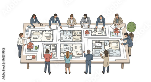 A diverse group of ten architects examines house blueprints and architectural models around a large rectangular wooden table.