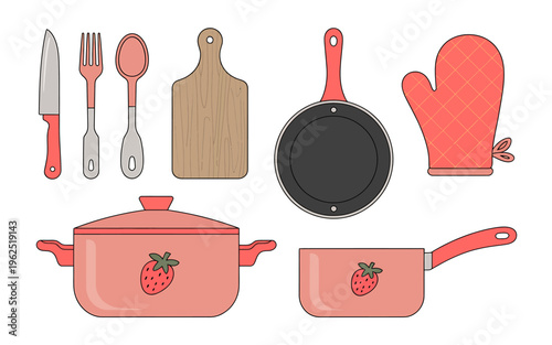 Cartoon kitchen utensils and cookware with strawberry design on white background