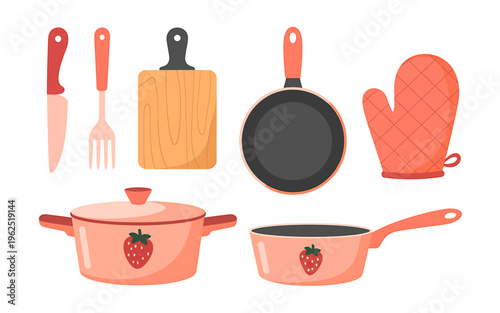 Kitchen utensils and cookware on white background for cooking and food preparation