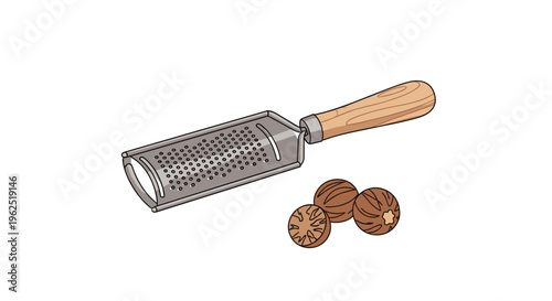 A metal box grater with a wooden handle rests beside three whole and halved nutmeg seeds on a clean white surface.