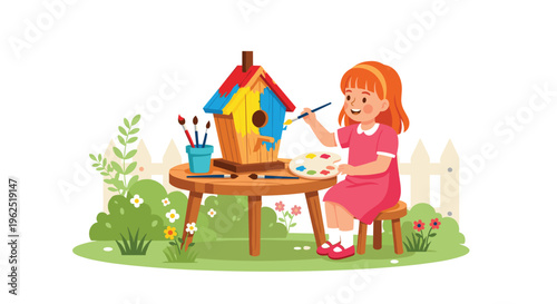 A young cartoon girl in a pink dress paints a wooden birdhouse on a table in a green garden with a white picket fence.
