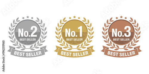 Best seller award badges with laurel wreaths and ribbons  No 1 2 3 rankings