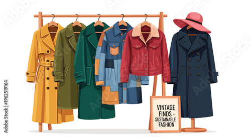 A wooden clothing rack displays five vintage coats and jackets next to a mannequin wearing a hat and a Vintage Finds sign.