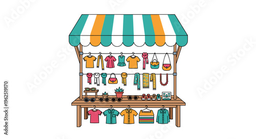 A vibrant market stall with a striped awning displays various colorful apparel items, scarves, handbags, and accessories on a wooden counter.