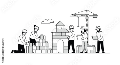 Five diverse construction workers in hard hats collaboratively build a structure with large blocks while a tower crane stands in the background.