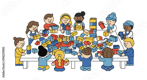 A diverse group of ten children play with colorful building blocks around a large white table.