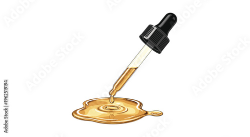 A black-capped glass dropper dispenses golden-yellow liquid into a glistening puddle on a white surface.