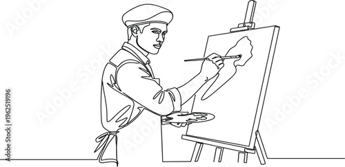 Artist Painting on Canvas Line Illustration with Easel, Palette and Brush, Creative Process and Fine Art Concept