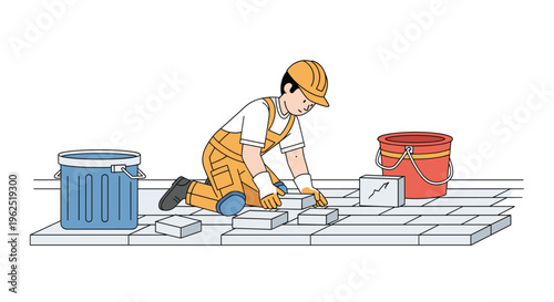 A construction worker kneels on a tiled surface, laying light grey pavers with two buckets nearby.