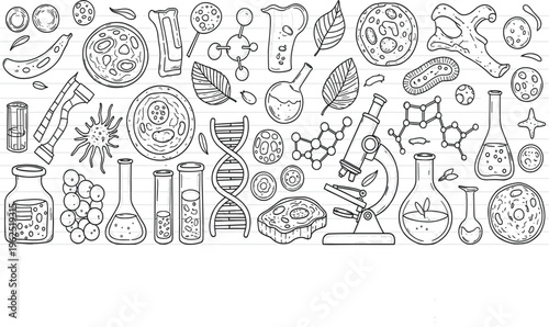 Biology and Laboratory Doodle Illustration with Cells, DNA, Microscope, Molecules, Test Tubes and Scientific Research Elements