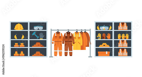 Safety workwear, including coveralls, hard hats, and gloves, is displayed on a rack and cubby shelves.