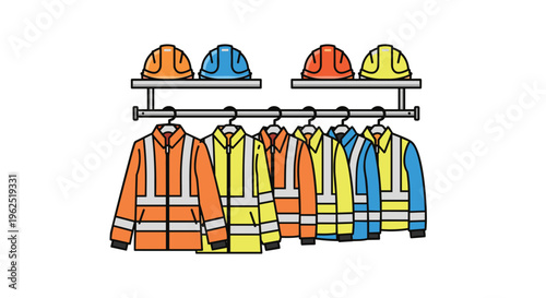 Six safety jackets and four hard hats are displayed on a rack against a plain white background.