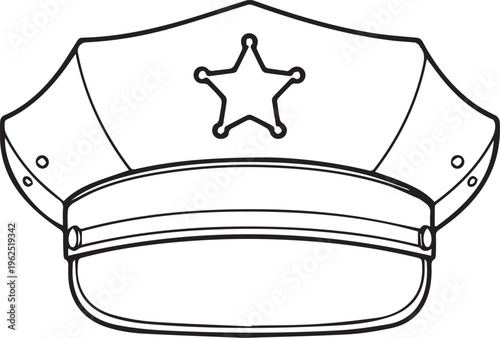 Police Sheriff Hat, Law Enforcement Badge, Vector Sheriff's Cap, Black and White Illustration