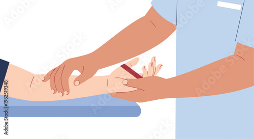 A medical professional's hands apply a red tourniquet to a patient's forearm on a blue surface.