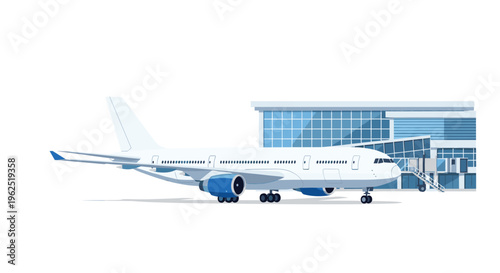 A large white passenger airplane with blue engines is parked at a modern airport terminal with stairs.