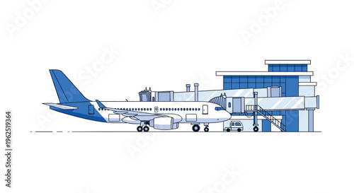 A white passenger airplane with a blue tail is connected to a jet bridge at a modern airport terminal.