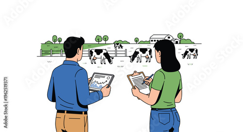 Two farmers observe six cows grazing in a green pasture with a fence and distant farm buildings.