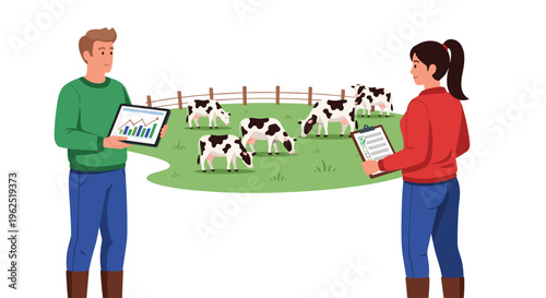 Two farmers stand in a green field, holding a tablet and clipboard while five cows graze behind a wooden fence.