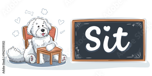 Puppy obedience training graphic. Cute puppy sitting behind school desk next to chalkboard with word sit. Cheerful dog training or kids education theme. Cartoony style. Vector.