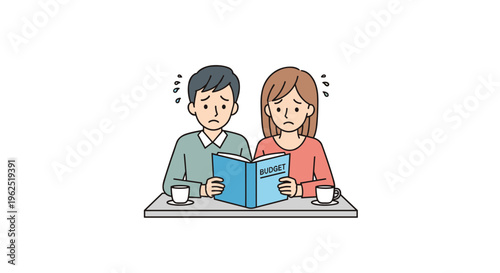 A worried couple sits at a table, looking at a budget book with stressed expressions on a white background.