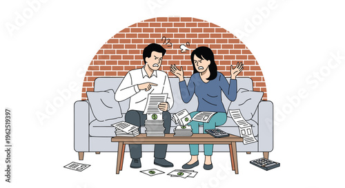 An angry couple sits on a gray sofa, arguing over financial papers and money with calculators on a table.