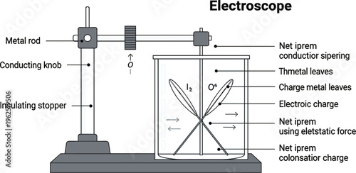 Electroscope Physics Diagram Illustration with Metal Rod, Conducting Knob, Insulator, Charged Leaves and Electrostatic Force Demonstration Concept