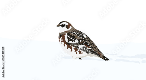 A pixel art brown and white patterned ptarmigan bird stands in profile on a vast, pristine snowfield.