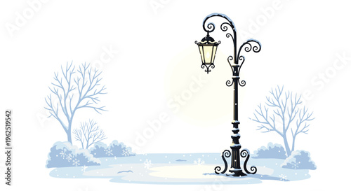 A pixel art tall black street lamp with a single glowing light stands in a snowy field surrounded by bare trees and bushes.