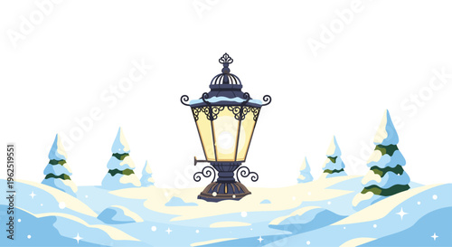 A pixel art ornate black streetlamp with a glowing yellow light illuminates a snow-covered landscape with small pine trees.