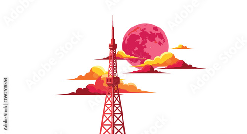 A pixel art red transmission tower stands tall against a white background with a large red moon and orange clouds.