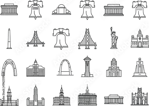 Collection of architectural silhouette icons featuring famous landmarks and monuments