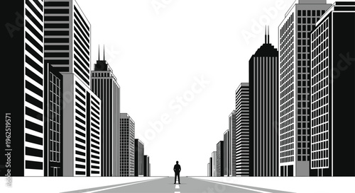 A stark high-contrast silhouette of a city street lined with tall buildings frames a lone human figure standing at the distant vanishing point.