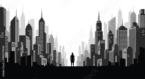 A dramatic layered silhouette of a sprawling cityscape with numerous skyscrapers frames a lone human figure standing centrally in the foreground.