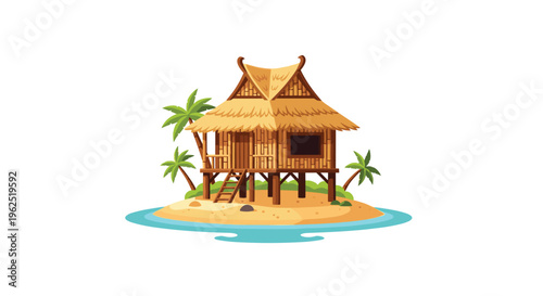 A vibrant cartoon-style tropical stilt hut with a thatched roof is situated on a small sandy island surrounded by turquoise water.