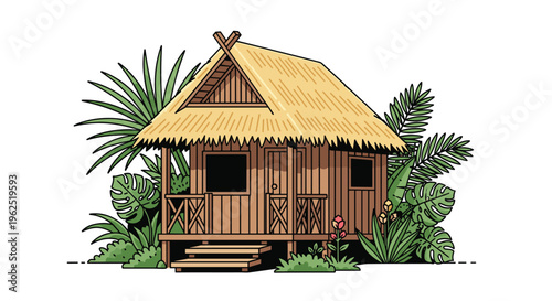 A rustic wooden hut with a prominent thatched roof is nestled amidst lush green tropical foliage against a white background.