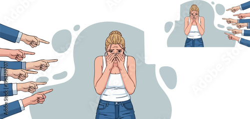 Young woman covering her face in distress while being subjected to multiple instances of public accusation and judgmental pointing hands illustrating bullying pain