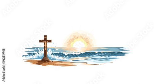 A crucifix with a figure of Jesus stands on a sandy beach with choppy blue-green waves under a bright, halo-like sunrise or sunset.
