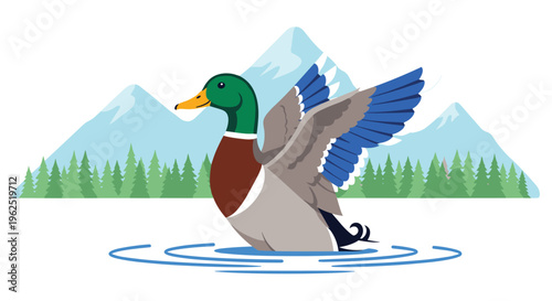 A colorful mallard duck with blue wing patches is partially submerged in rippling water in front of snow-capped mountains and a pine forest.