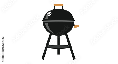 A black kettle-style barbecue grill with wooden handles and three legs stands upright on a circular base against a plain white background.
