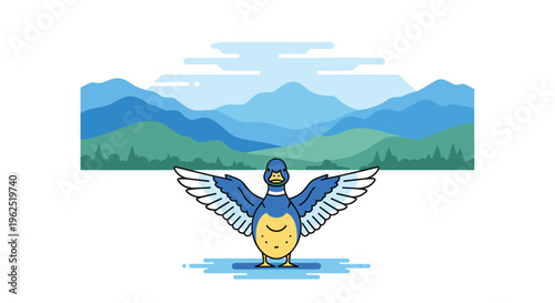 A cartoon blue and yellow duck with outstretched wings stands in shallow water before a backdrop of layered blue mountains and green trees.
