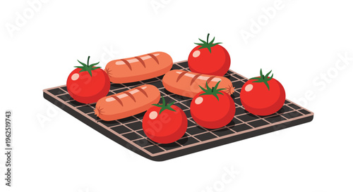 Four grilled sausages and five red tomatoes are arranged on a black square barbecue grate against a plain white background.