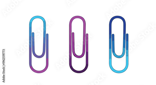 Three stylized paper clips, each featuring a distinct gradient color scheme, are arranged horizontally on a pure white background.