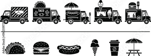 Food truck icons, taco truck, burger truck, hot dog truck, ice cream truck, coffee cup, picnic table, street food illustration