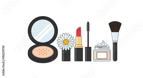 A collection of makeup products including compact powder, two lipsticks, mascara, cream, and a brush is neatly arranged on a white background.