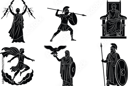 Greek mythology icons, Zeus lightning, Ares warrior, Athena goddess, Hermes messenger, throne ruler, eagle symbol, ancient deity, silhouette design, vector illustration