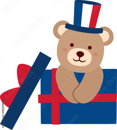 Patriotic cute teddy bear gift box flat vector illustration.
A brown teddy bear sitting in gift box clipart.
USA Independence Day Cute Illustration.
Transparent background. SVG.