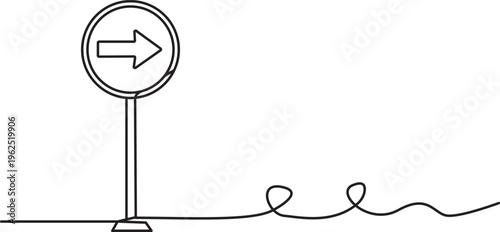 Continuous line drawing of right turn road sign with decorative loops