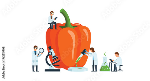Four miniature scientists in white lab coats are actively engaged around a colossal orange bell pepper on a clean white background.