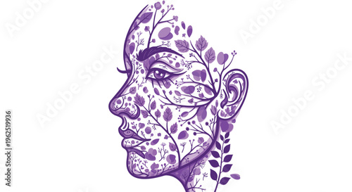A detailed profile illustration of a woman's head, composed of purple leaves and branches, is depicted against a clean white background.