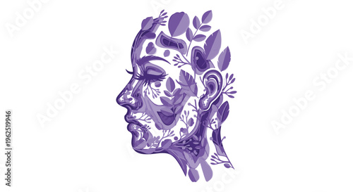 A female head profile, facing left, is intricately filled with layered purple botanical elements in a paper-cut style.
